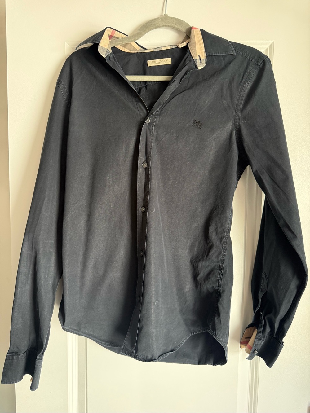 Burberry Black Long Sleeve Button-Down Shirt with Signature Check Trim